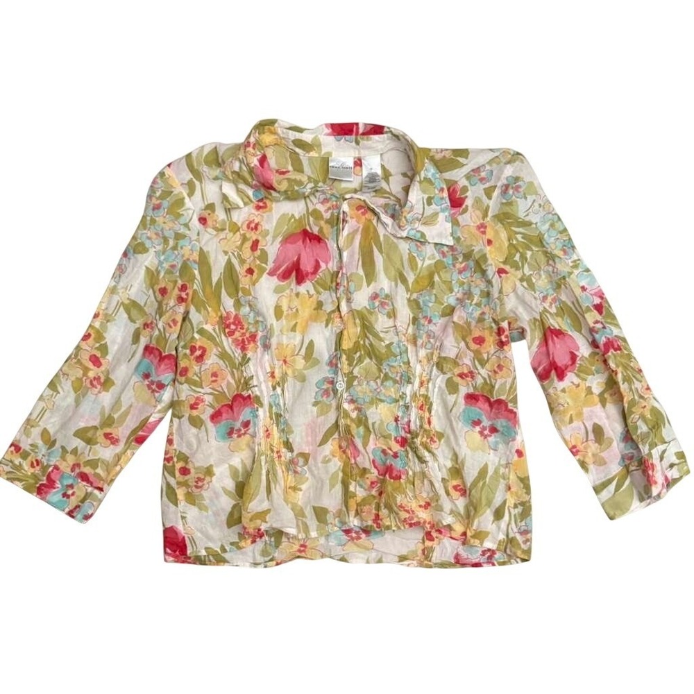 Emma James Womens 16 Floral Cotton Button Down Blouse 3/4 Sleeve Pintuck Top